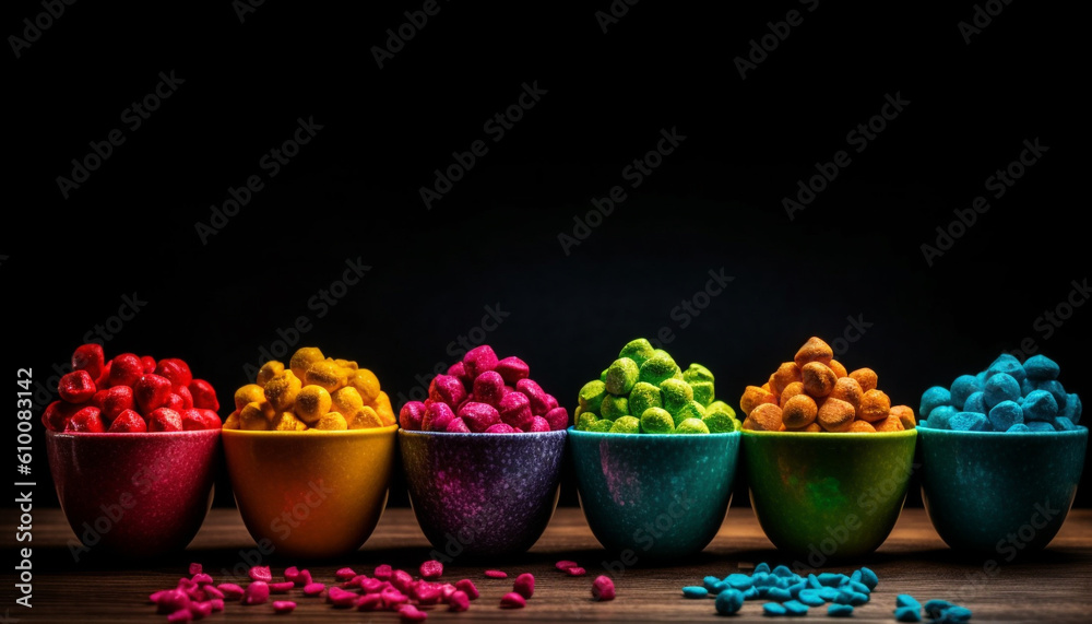 A large bowl of multi colored candy and fruit in abundance generated by AI