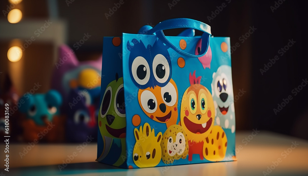 Cheerful child playing with cute animal toy in multi colored bag generated by AI