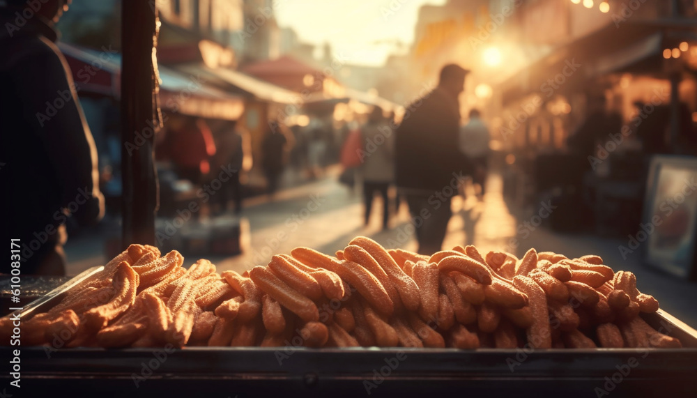 Grilled meat sizzles in the heat of the crowded city generated by AI