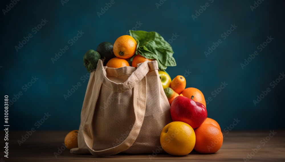 Fresh organic fruits and vegetables in burlap shopping bag generated by AI