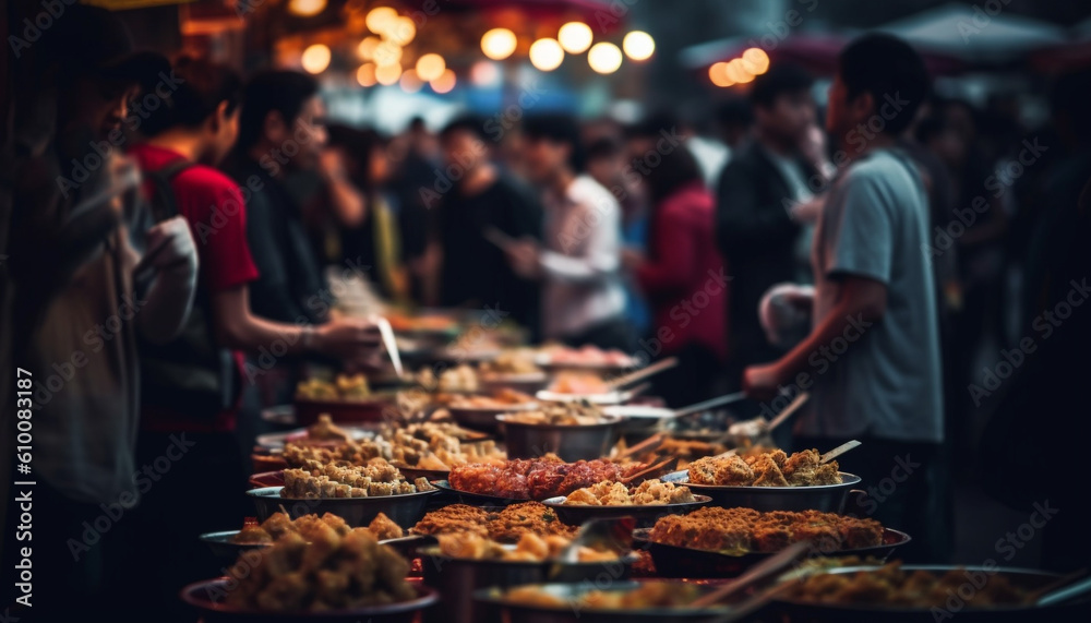 Street market vendor grills meat for crowded night celebration generated by AI