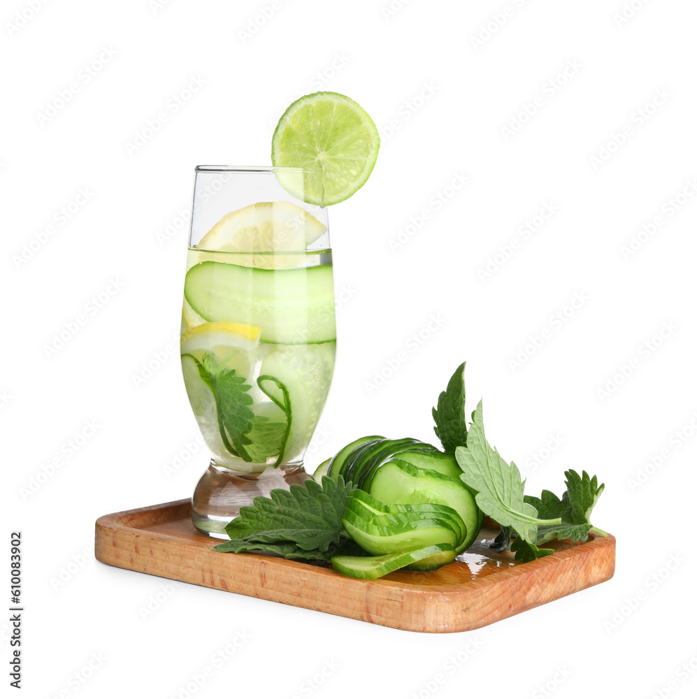 Board and glass of infused water with cucumber slices on white background