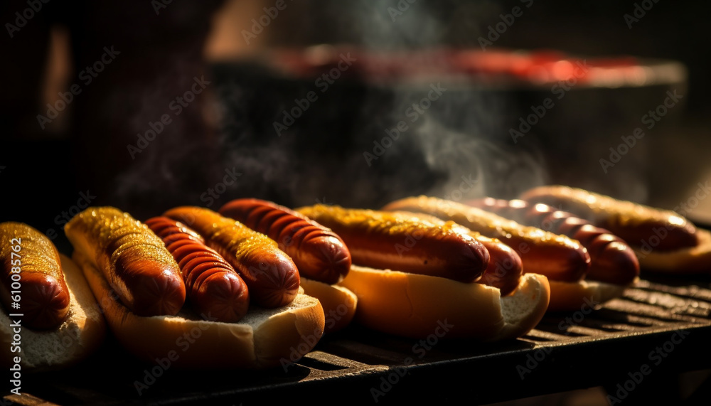 Grilled meat on barbecue grill, hot dogs and burgers cooking generated by AI