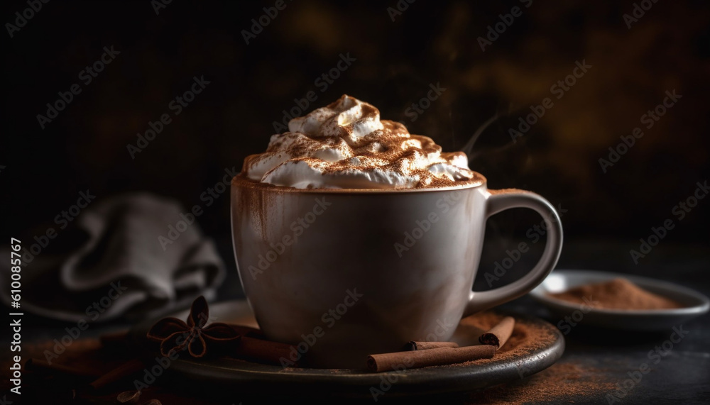 Hot chocolate mug on rustic wood table with marshmallow topping generated by AI