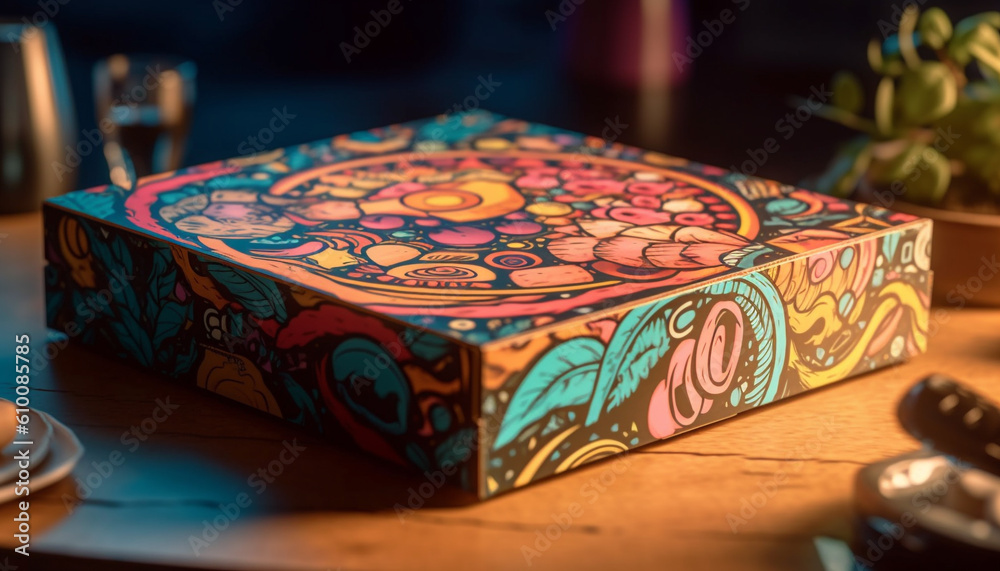 Multi colored pottery vase with ornate pattern on wood table background generated by AI