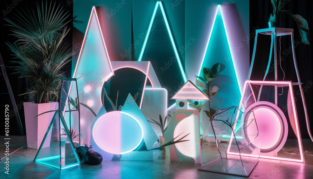 A modern, futuristic domestic room with bright, glowing lighting equipment generated by AI