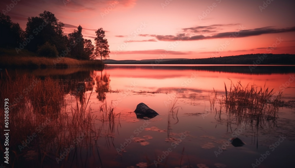 Tranquil sunset reflects beauty in nature, silhouetting mountain range generated by AI