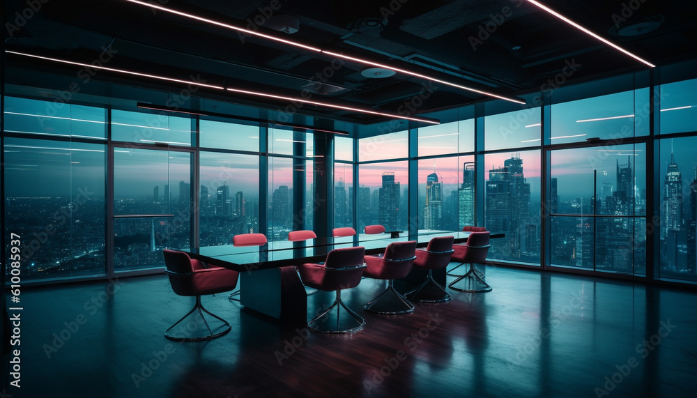 Modern office with glass walls, bright lighting, and empty chairs generated by AI