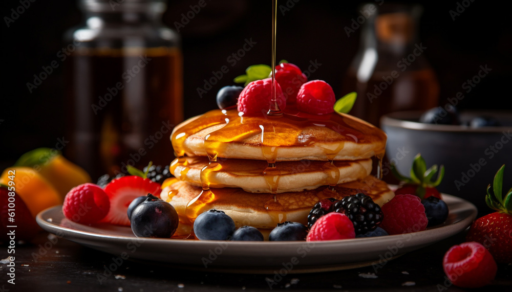 Organic berry pancakes with raspberry syrup and fresh blueberries generated by AI