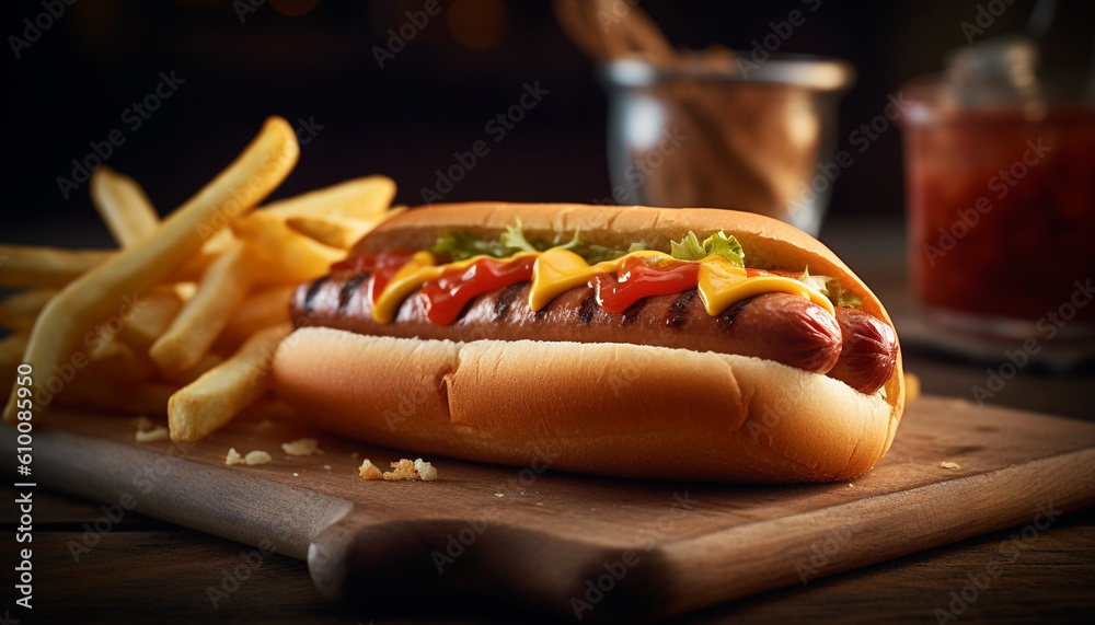 Grilled beef hot dog meal with French fries and ketchup generated by AI