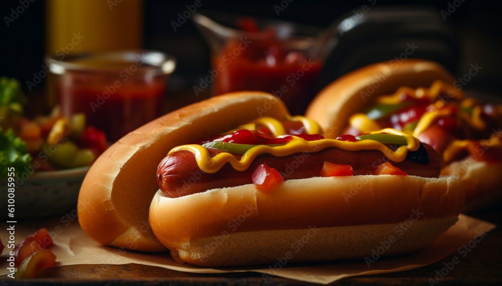 Grilled hot dog on bun with ketchup, onion, and fries generated by AI