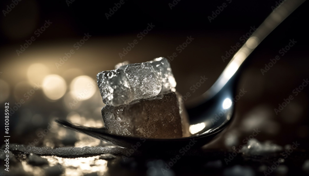 Shiny metal spoon reflects glowing flame on dark background generated by AI