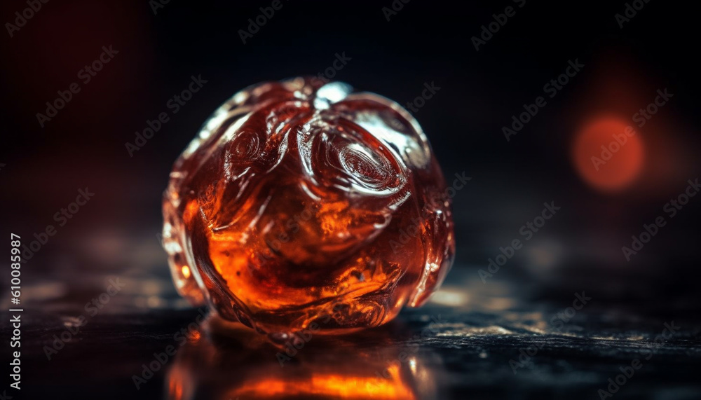 Dark wood bar table reflects luxury whiskey glass with ice generated by AI