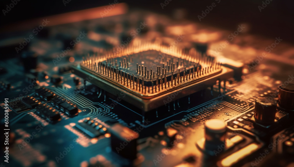 Complex computer circuit board with electrical components and silicone technology generated by AI