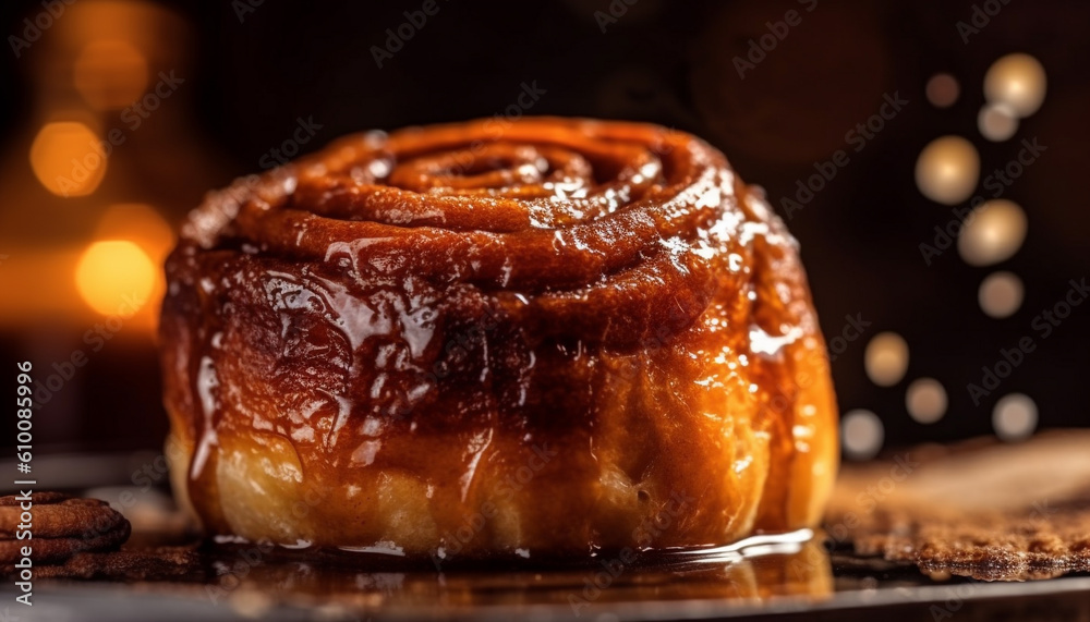 Indulgent homemade dessert on rustic wood table, selective focus on slice generated by AI