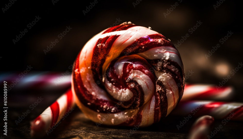 Sweet candy cane dessert with striped decoration on dark background generated by AI