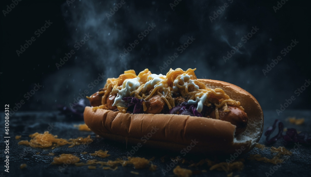 Grilled beef burger on a dark background with homemade fries generated by AI