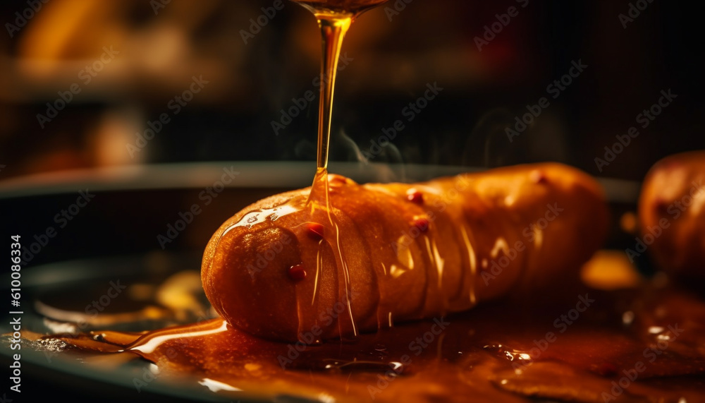 Grilled pork with honey barbecue sauce on a fresh plate generated by AI