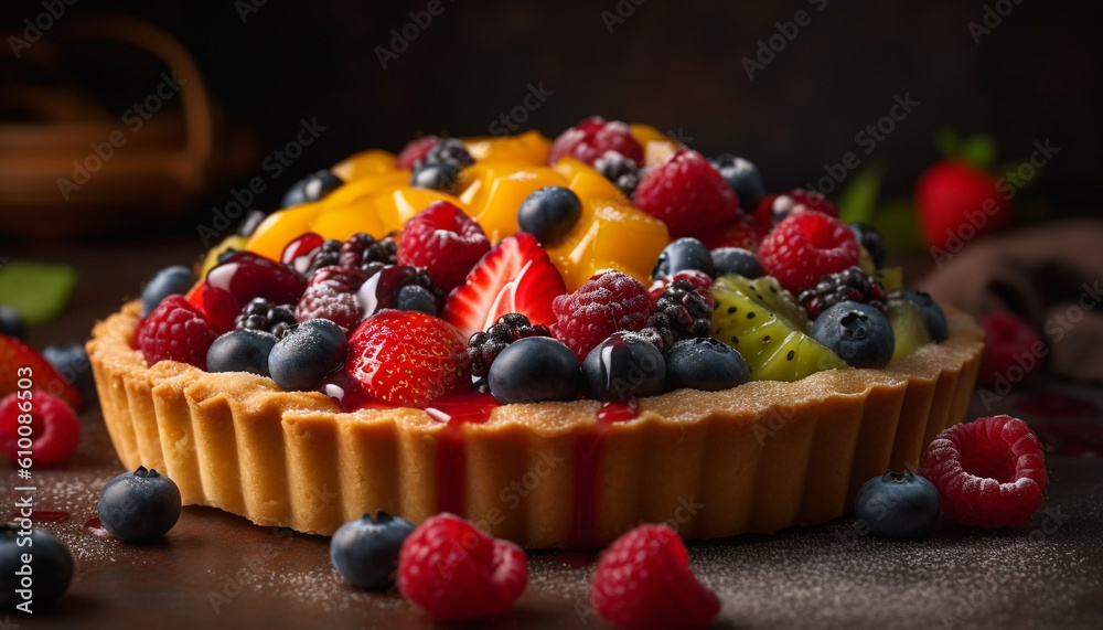 Freshly baked berry tart with blueberry, raspberry, and strawberry filling generated by AI