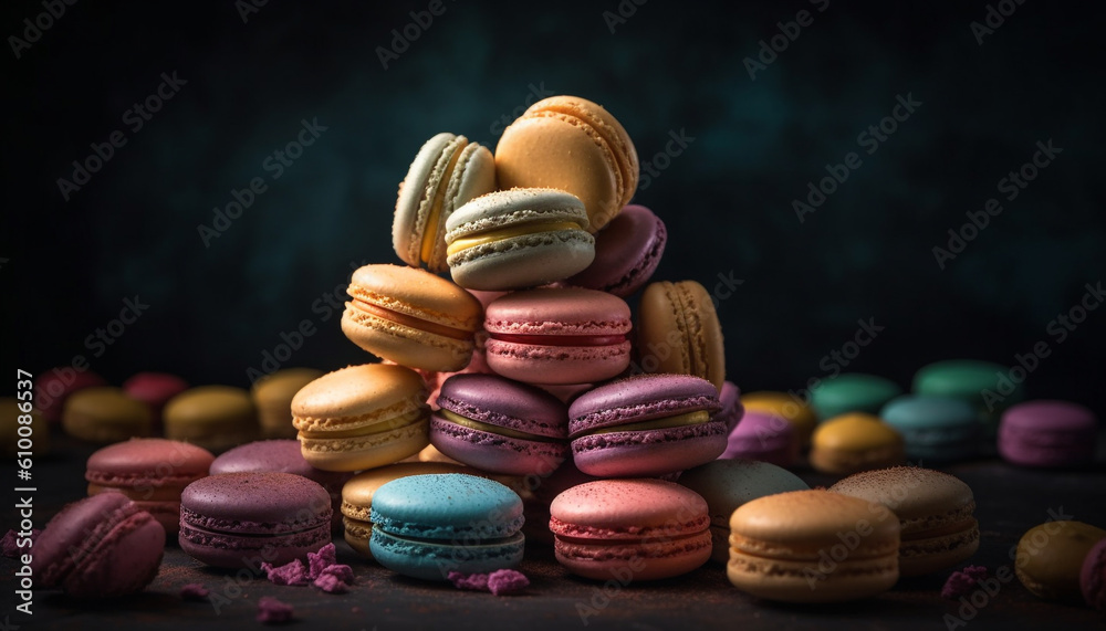 A colorful macaroon stack, a French gourmet dessert indulgence generated by AI