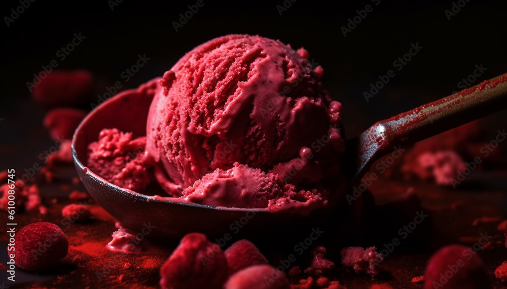 Serving scoop of gourmet ice cream with raspberry and chocolate generated by AI