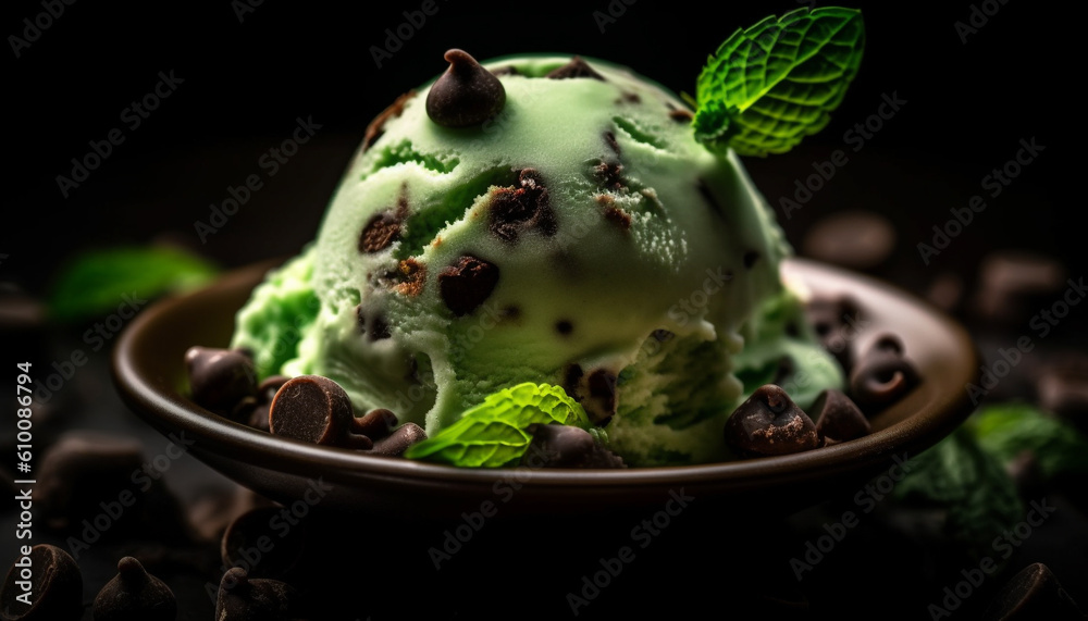 Indulgent gourmet dessert dark chocolate mousse with peppermint ice cream generated by AI