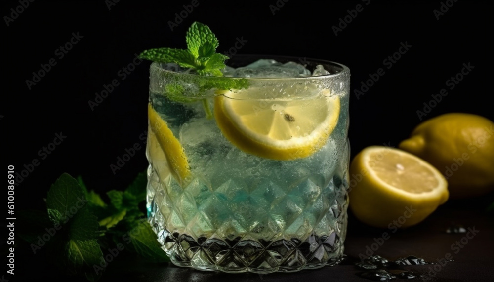 Refreshing summer cocktail with ice, fruit, and mint leaf generated by AI