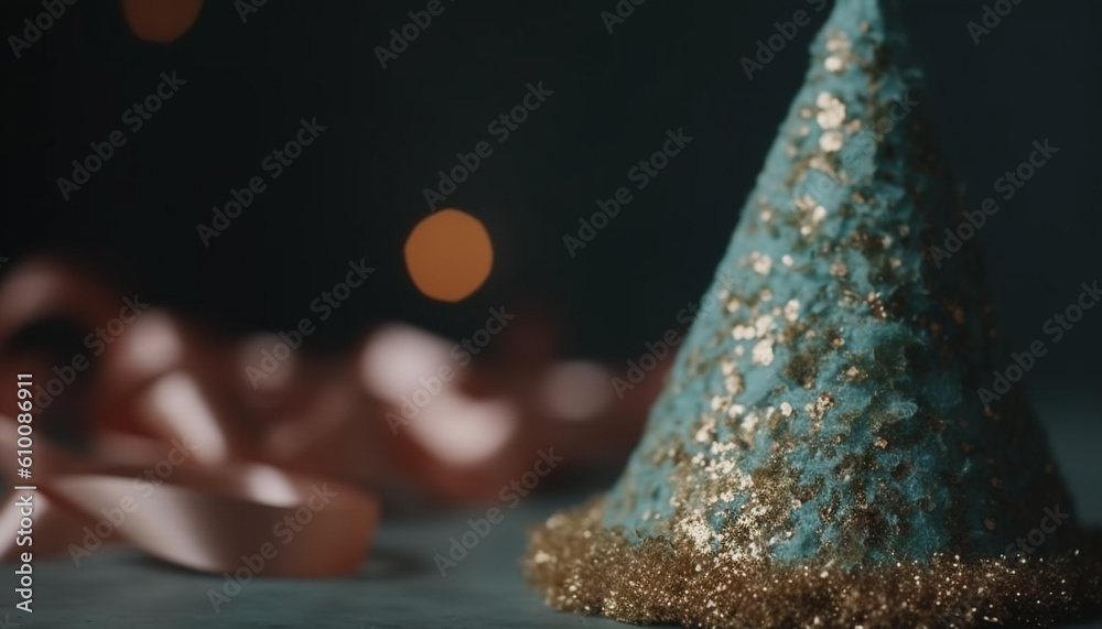 Ornate Christmas decoration glows on dark wood table, defocused background generated by AI