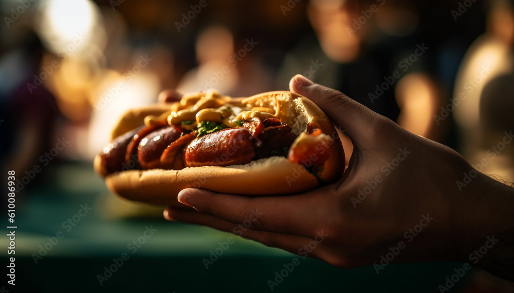 Hand holding grilled hot dog, unhealthy pub food, American culture generated by AI