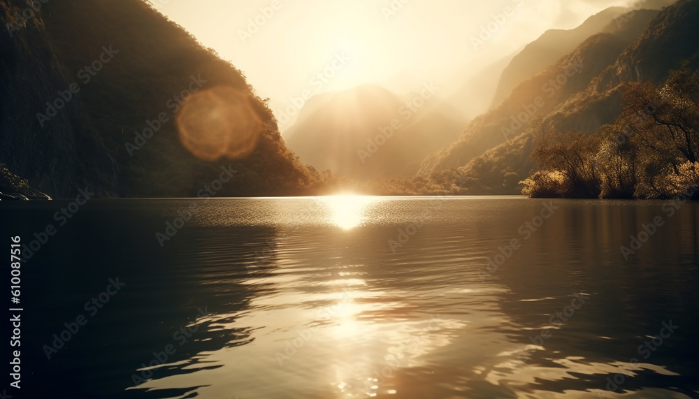 Tranquil sunset over mountain range, reflecting in calm water surface generated by AI