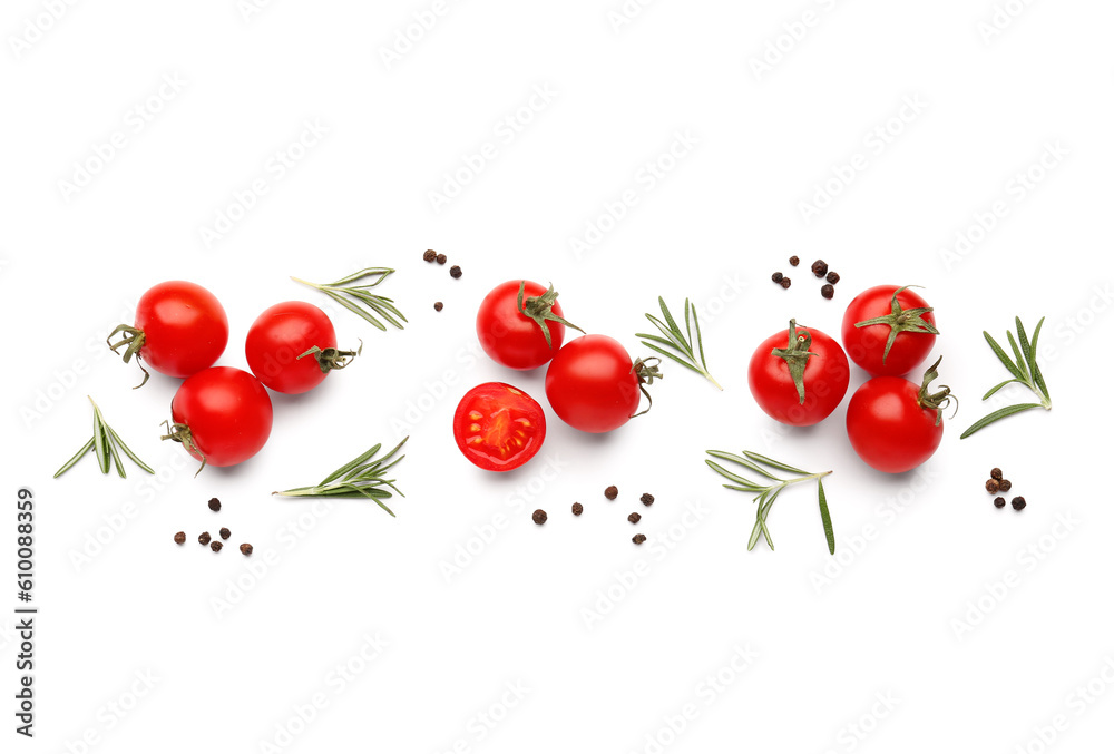 Composition with ripe cherry tomatoes and spices on white background