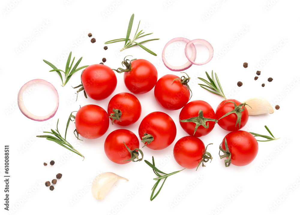 Composition with ripe cherry tomatoes and spices on white background