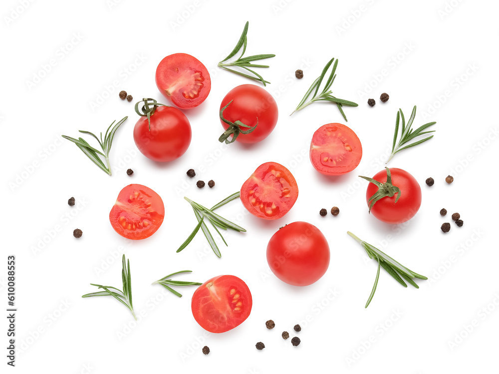 Composition with ripe cherry tomatoes and spices on white background