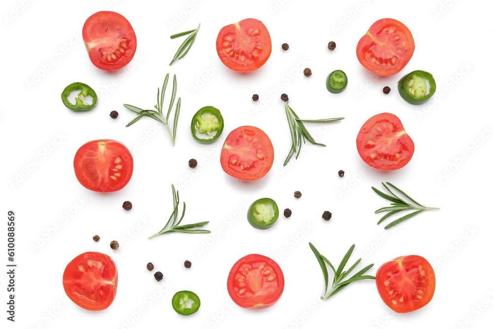 Composition with ripe cherry tomatoes and spices on white background