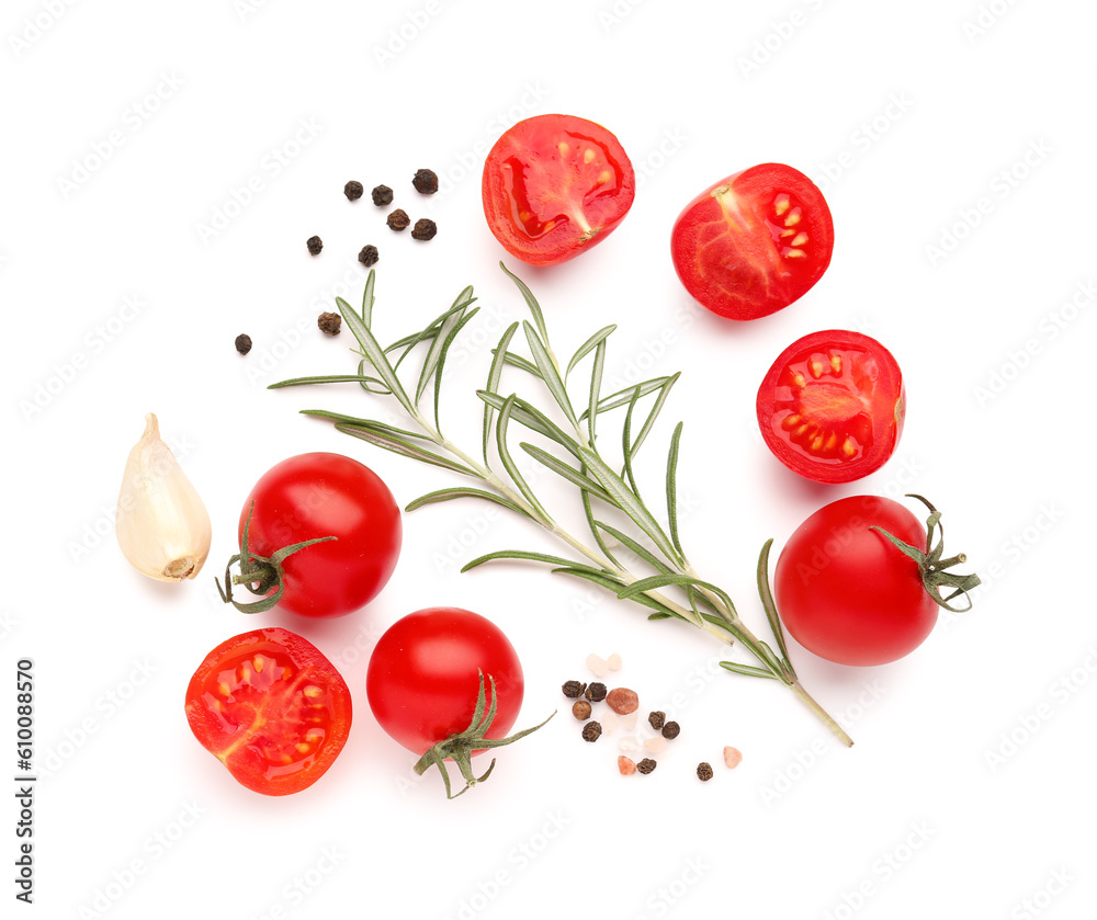 Composition with ripe cherry tomatoes and spices on white background