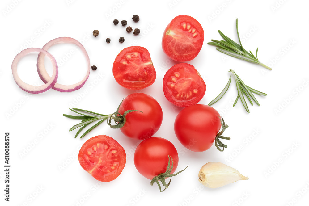 Composition with ripe cherry tomatoes and spices on white background