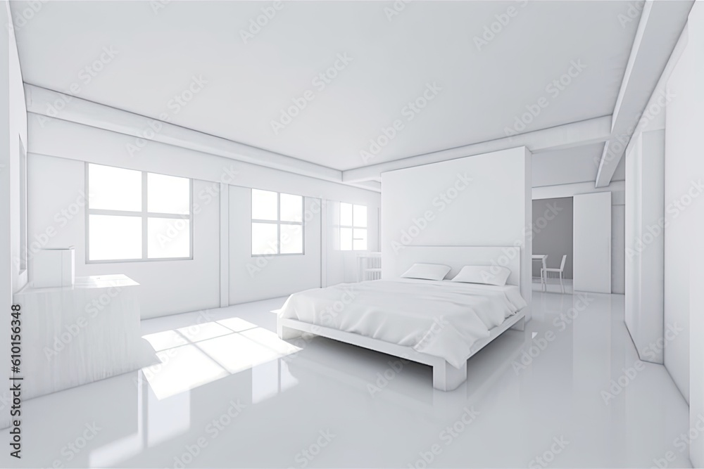 spacious white bedroom with a king-size bed and natural light coming from the windows Generative AI