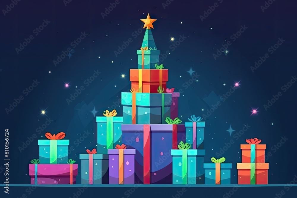 Christmas tree with colorful presents stacked on top Generative AI