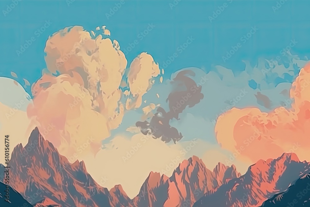 mountains with cloudy sky in a landscape painting Generative AI