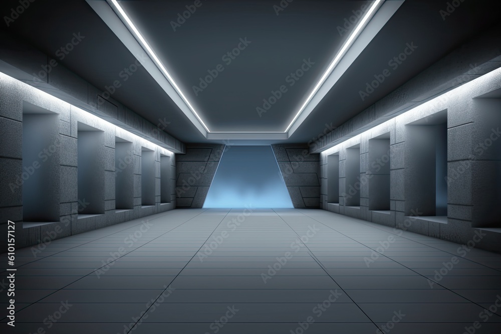 mysterious long hallway with a glowing light at the end Generative AI