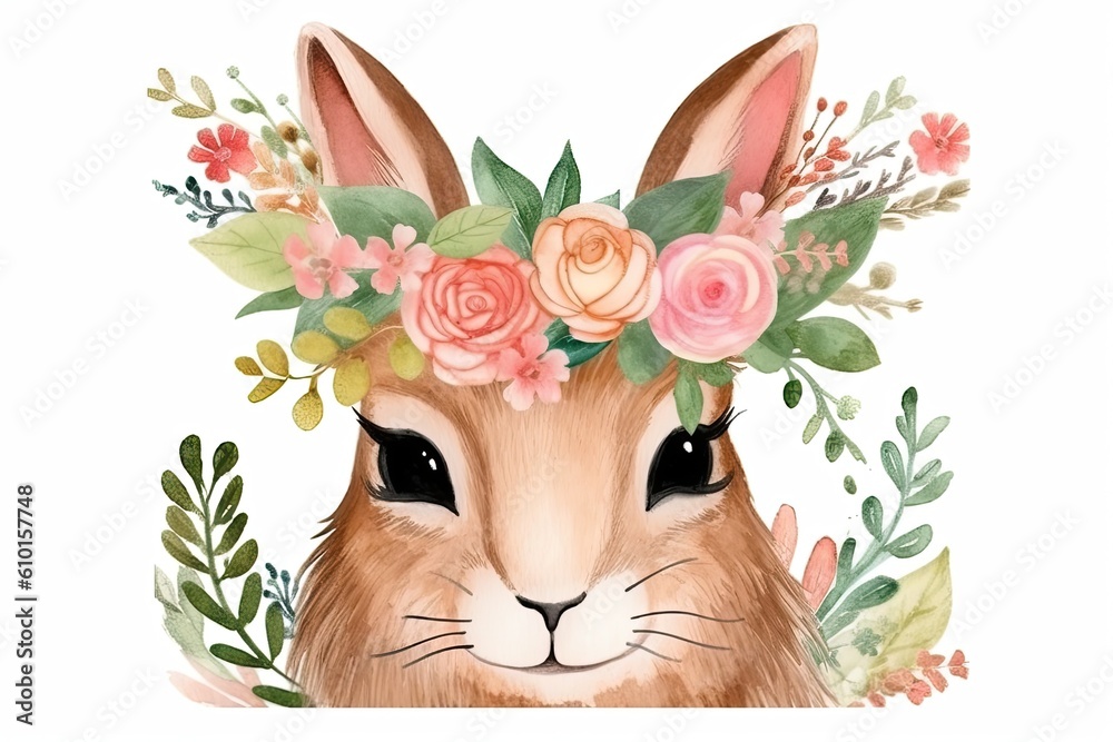 cute rabbit wearing a colorful floral crown Generative AI