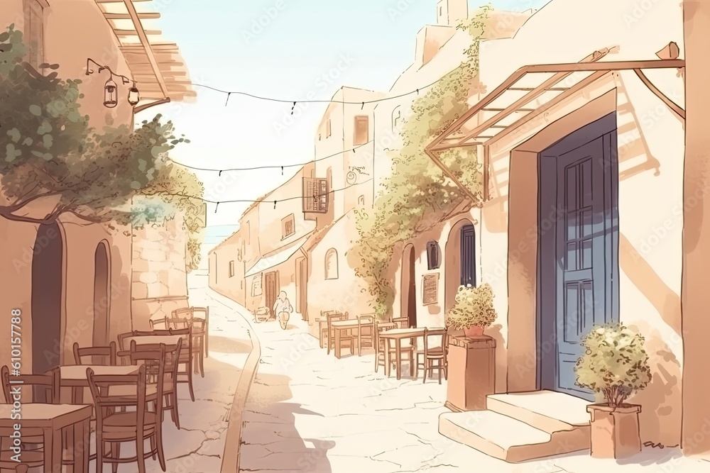 bustling street scene with outdoor cafes and seating Generative AI