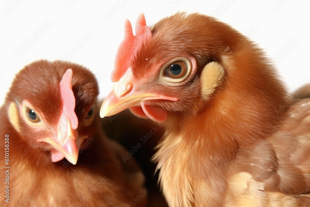 two domestic chickens standing side by side on a grassy field Generative AI