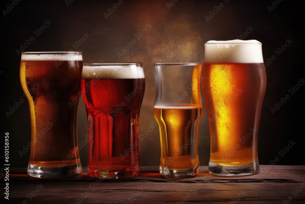 row of various types of beer glasses on a rustic wooden table Generative AI