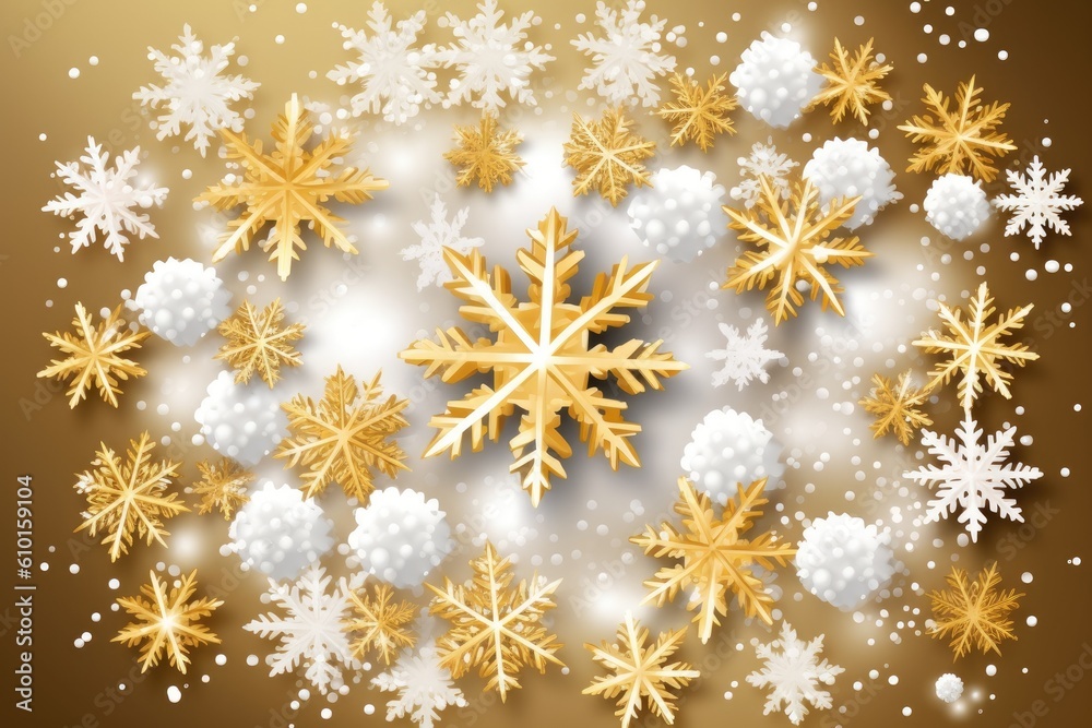 golden snowflake surrounded by white snowflakes on a blue background Generative AI