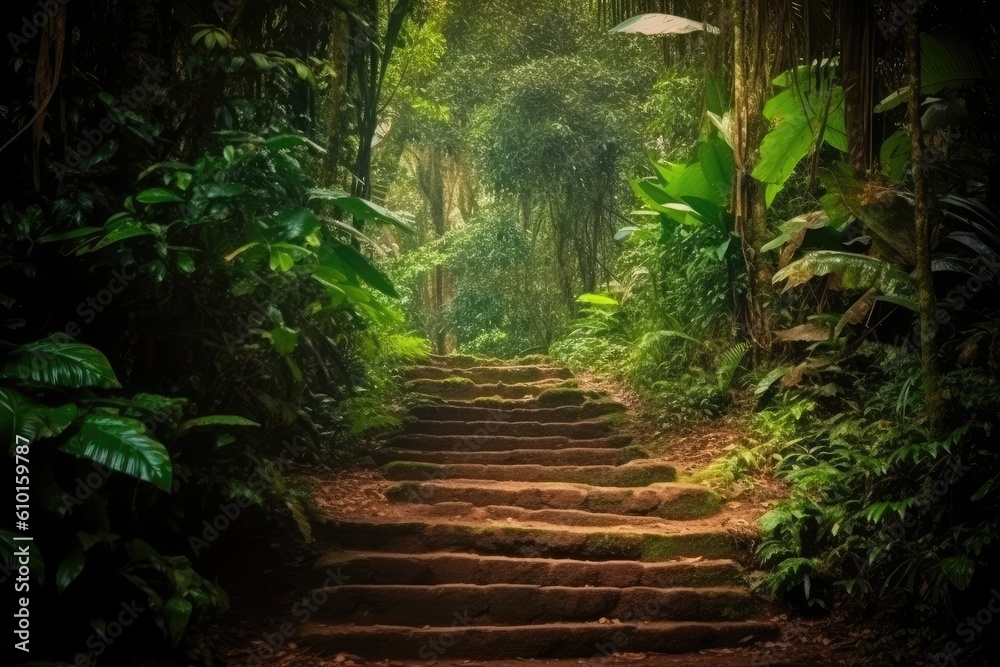 set of wooden steps surrounded by lush green jungle foliage Generative AI