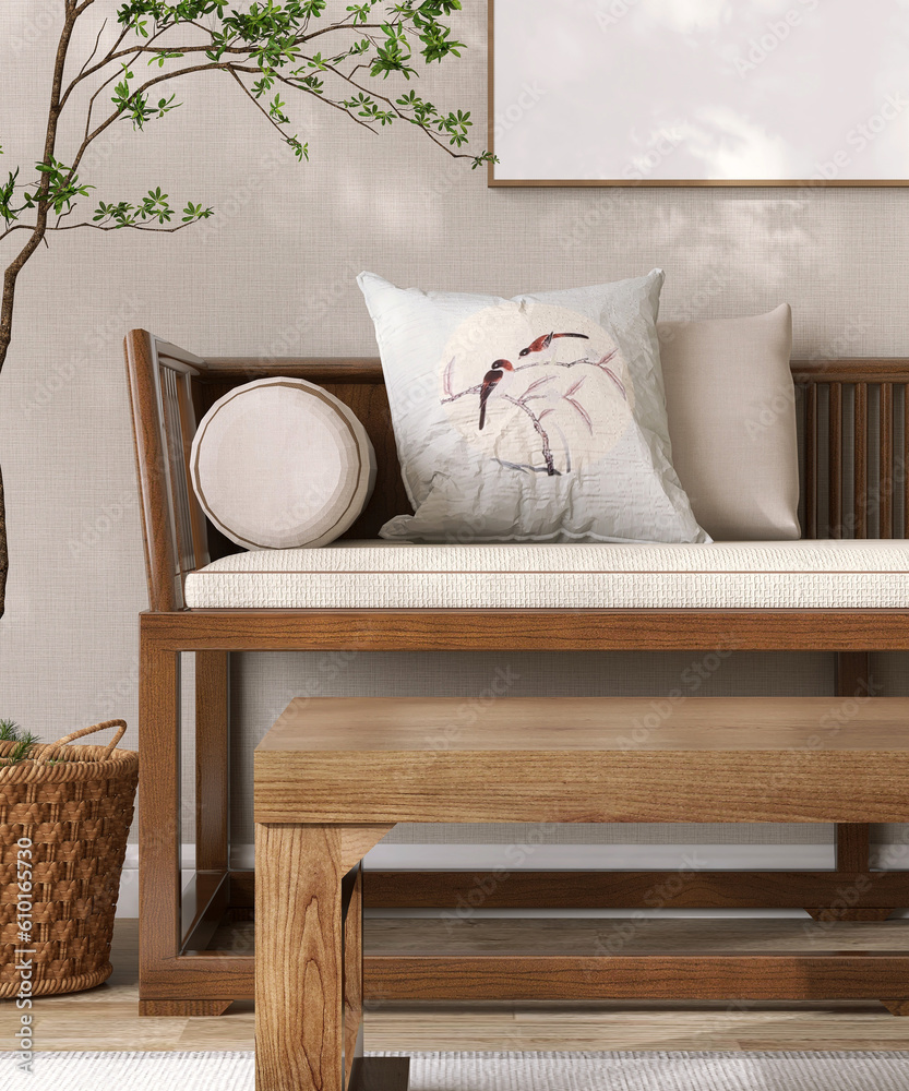 Blank Antique wooden coffee table in vintage Chinese living room, wood day bed sofa, bolster pillow 