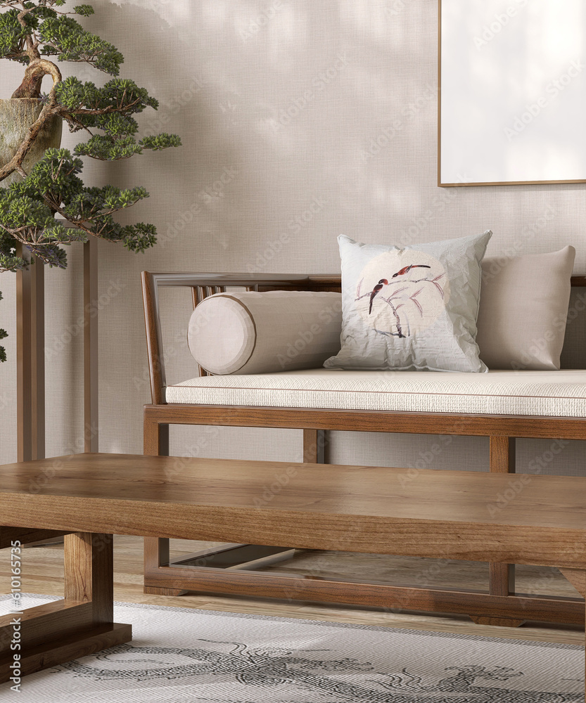 Blank Antique wooden coffee table in vintage Chinese living room, wood day bed sofa, bolster pillow 