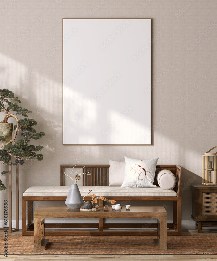 Blank long vertical photo poster frame on beige wall in vintage Chinese living room, wood day bed so