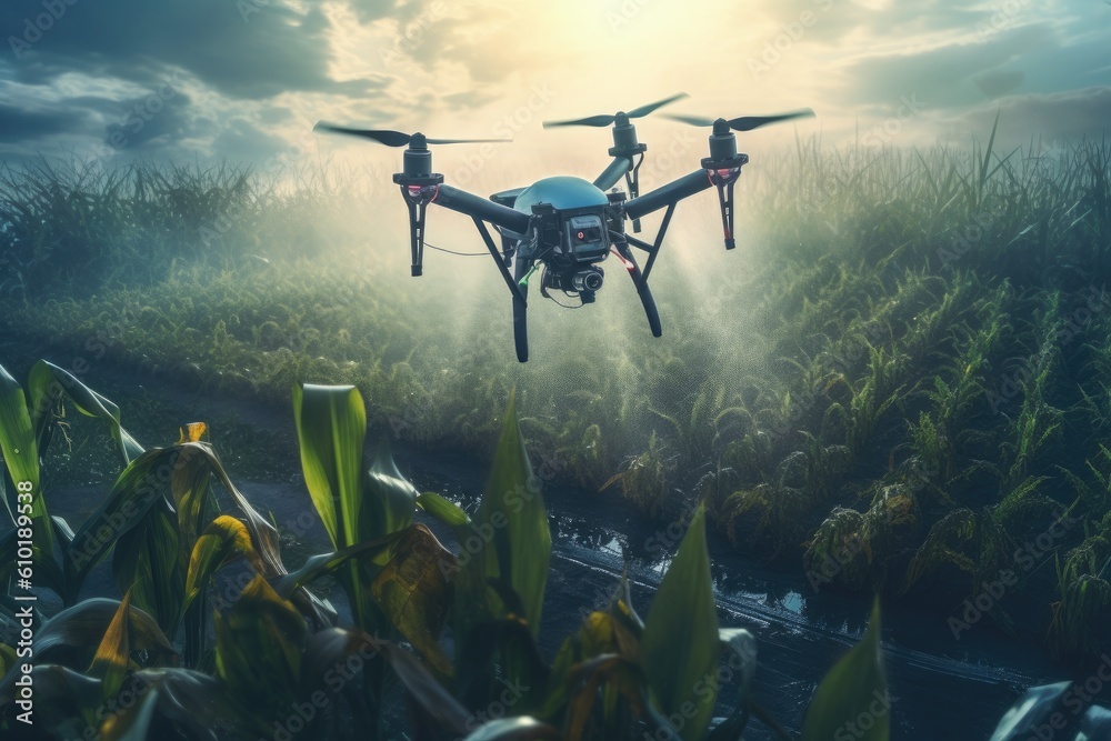 Agricultural drone flying water spray fertilizer on sweetcorn fields. Aerial view of drone. Generati